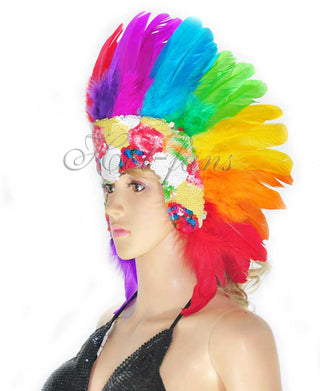 Rainbow sequins crown feather las vegas dancer showgirl headgear headdress