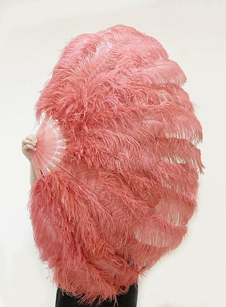 Coral red XL 2 layers Ostrich Feather Fan 34"x 60"
