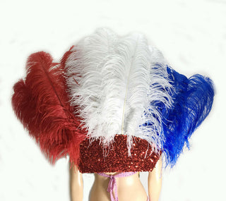 Blue & white & red Ostrich Feather Open Face Headdress & backpiece Set