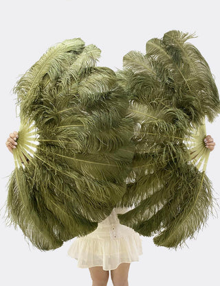 A pair Olive green Single layer Feather fan 24"x 41"