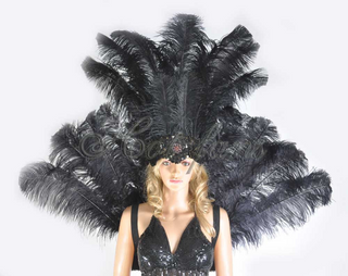 Black Ostrich Feather Open Face Headdress & backpiece Set