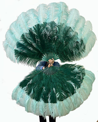 Mix mint & forest green XL 2 Layers Ostrich Feather Fan 34''x 60''