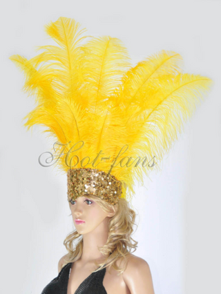 Gold yellow sequins crown feather Open face headgear headpiece