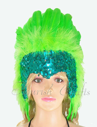 Green sequins crown feather las vegas dancer showgirl headgear headdress