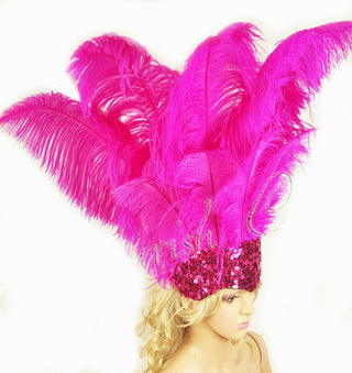 Hot Pink sequins crown feather Open face headgear headpiece