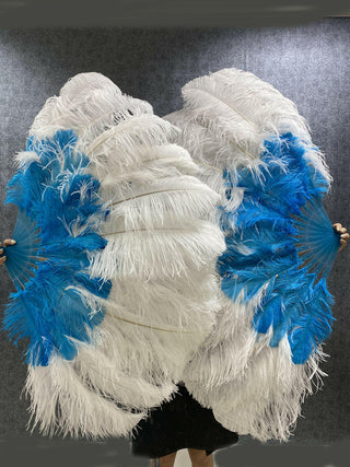 Mix white & turquoise 2 Layers Ostrich Feather Fan 30"x 54"