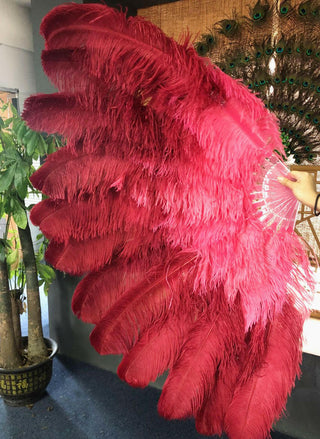 Mix coral red & Burgundy XL 2 Layer Ostrich Feather Fan 34''x 60''