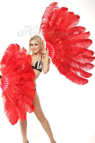 Luscious Red 2 layers Ostrich Feather Fan 30"x 54"