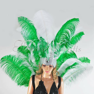 Green & white Ostrich Feather Open Face Headdress & backpiece Set