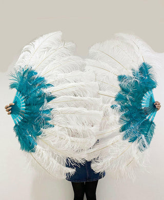 Mix white & teal 2 Layers Ostrich Feather Fan 30"x 54"