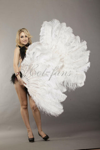 white 2 layers Ostrich Feather Fan 30"x 54"