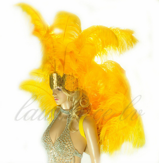 Golden yellow Ostrich Feather Open Face Headdress & backpiece Set