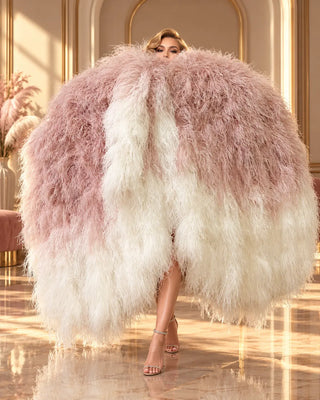 Luxury Gradient Waterfall Boa Fans in pink and white, showing the full feather coverage and soft ombre color transition.