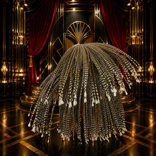 Oversized natural pheasant tail feather fan for showgirl and burlesque stage use
