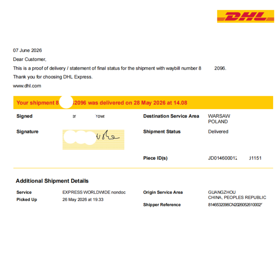 Redacted DHL delivery proof