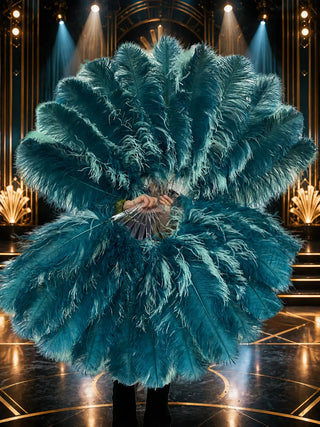 Large teal ostrich feather fans with seafoam feather accents, handcrafted for cabaret and stage performance