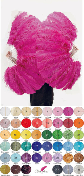 Éventail de plumes d'autruche monocouche de couleur personnalisée Double face entièrement ouvert à 180 degrés 25 "x 52" 