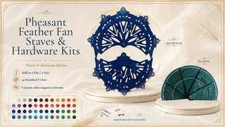 Pheasant feather fan staves and hardware kits in plastic and aluminum styles, sold as a pair with 2 sets, available in 42 standard colors and custom colors