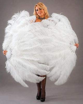 Luxury oversized white ostrich feather fans for burlesque, cabaret and stage performance, displayed by HOT-FANS in a clean studio setting.