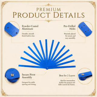 Close-up detail of blue aluminum fan staves set showing smooth powder-coated finish and pre-drilled holes for DIY feather fan making
