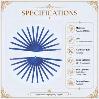 Specifications for Acrylic PMMA 2 layers fan staves set of 14 in 13 inch size with 180 degree opening