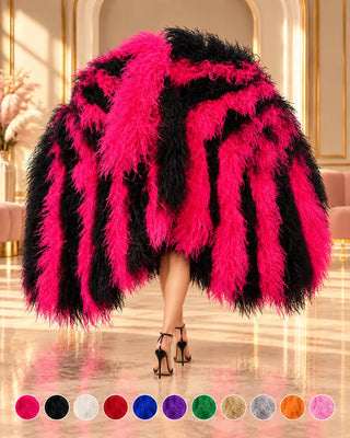 HOT FANS 8 Ply Ostrich Boa Fan in hot pink and black, featuring long cascading fluffy feathers, hand-held against an elegant gold luxury studio background.