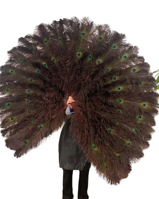 Black coffee triple layer ostrich feather fan with peacock feather eyes