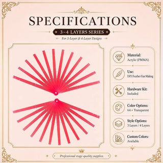 Specifications for Acrylic PMMA triple layers fan staves set of 12 in 15 inch size with crystal glue finish