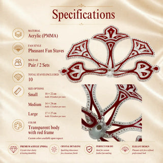 Close-up of Acrylic PMMA crystal pheasant fan staves showing transparent acrylic body, colored frame, rhinestone detailing, and pivot hardware