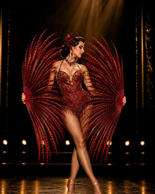 Close up of real Lady Amherst pheasant tail feathers on handmade burlesque fan