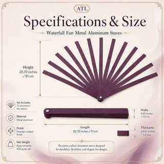Waterfall Fan Metal Aluminum Staves size chart showing 20.70 inch height, 0.80 inch width, and 0.047 inch thickness
