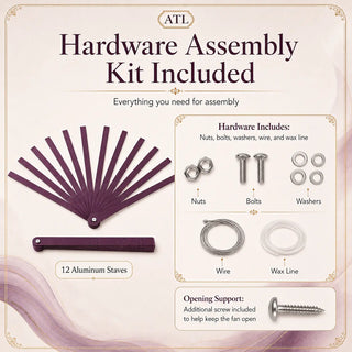Hardware assembly kit included with waterfall fan aluminum staves, featuring nuts, bolts, washers, wire, wax line, and extra support sc