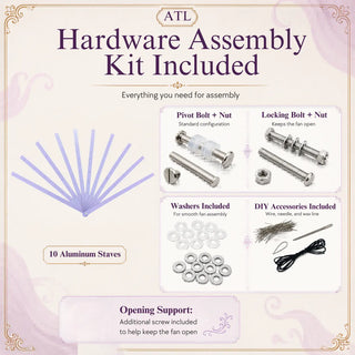 Hardware assembly kit included with Waterfall Fan Metal Aluminum Staves, including nuts, bolts, washers, wire, wax line, and opening support screw