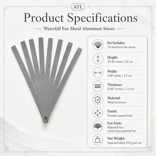 Product specification chart for gray Waterfall Fan Metal Aluminum Staves, 10 staves, 24.40 inches, 0.80 inch width, 1.2 mm thickness