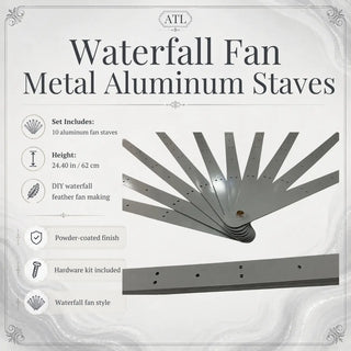 24.40 inch gray waterfall fan aluminum staves opened in fan shape with one matching straight stave displayed below