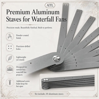 Close-up of gray metal waterfall fan staves showing smooth powder-coated finish, pre-drilled holes, and pivot screw detail