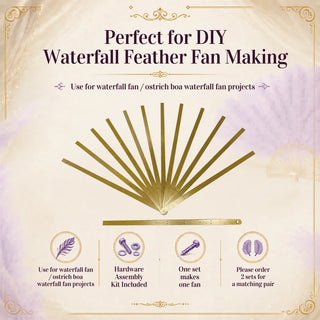 Gold Waterfall Fan Metal Aluminum Staves set with 12 aluminum staves, 24.40 inch length, shown fully opened for DIY waterfall feather fan making.