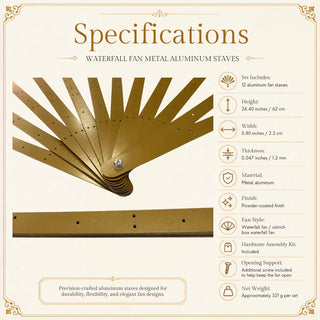 Close-up detail view of gold powder-coated metal aluminum waterfall fan staves, showing smooth finish, drilled holes, and sturdy fan assembly structure.