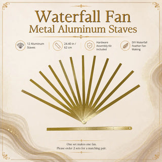 DIY waterfall feather fan making set with 12 gold aluminum staves, designed for ostrich boa waterfall fan projects; one set makes one fan, and two sets are recommended for a matching pair