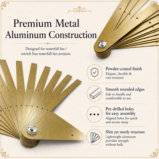 Product specifications chart for Gold Waterfall Fan Metal Aluminum Staves, including 12 staves, 24.40 inches height, 0.80 inch width, 0.047 inch thickness, and approximate 521 g net weight.