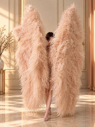 HOT FANS 8 Ply Boa Fans in light blush beige, displayed as a pair with the performer visible between the fans