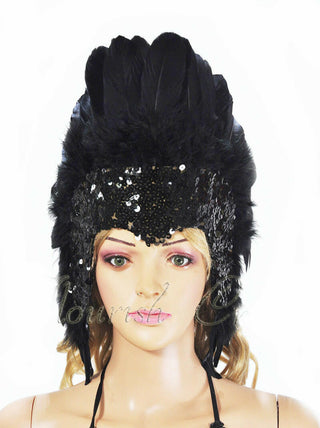 Paillettes noires couronne plume las vegas danseuse showgirl coiffure couvre-chef