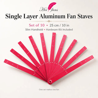 Close-up details of single layer aluminum fan staves showing powder-coated aluminum, pre-drilled holes, slim handhold, and lightweight construction
