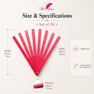 Size and specifications of single layer aluminum fan staves set of 10 showing 25 cm height, 2.0 cm width, 1.15 cm thickness, and slim handhold design
