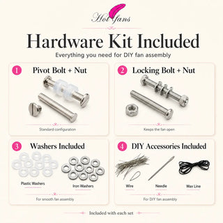 Hardware kit included with single layer aluminum fan staves featuring pivot bolt and nut, locking bolt and nut, washers, wire, needle, and wax line