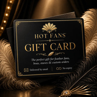 HOT FANS digital gift card with luxury black and gold feather design for feather fans, boas, staves and custom orders