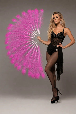 Hot pink peacock feather fan displayed by a blonde model in a gray studio setting by HOT-FANS