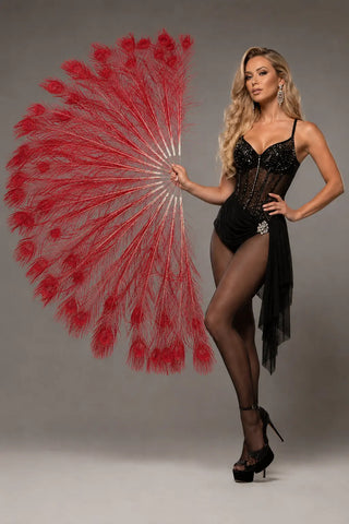 Red peacock feather fan displayed by a blonde model in a gray studio setting by HOT-FANS