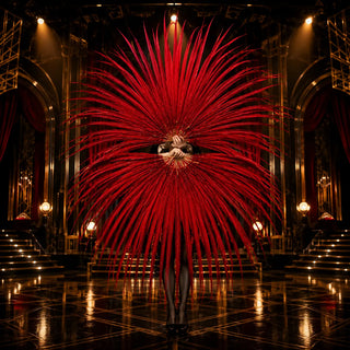 Oversized red Ringneck Pheasant Feather Fan with gold staves for cabaret and stage performance