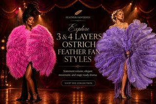 Explore 3 & 4 Layers Ostrich Feather Fan Styles with pink and lavender ostrich feather fans for fuller volume, elegant movement, and dramatic stage performance.